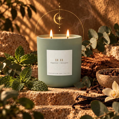 A sage green Bougie Alchemist candle in a matte glass jar with two lit wicks, placed on a stone surface surrounded by eucalyptus leaves, wood, vanilla beans, and a small bowl. The front label reads “II II Peppermint + Eucalyptus”.