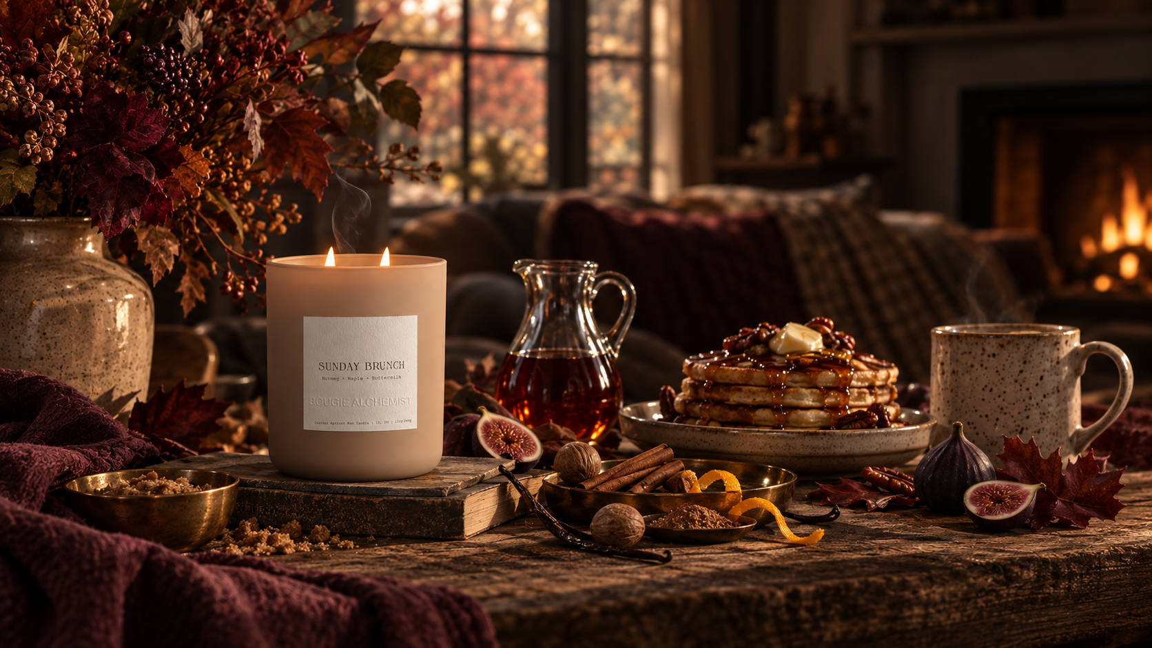 A lit scented Bougie Alchemist candle labeled 'Sunday Brunch' sits on a rustic wooden table in a cozy living room setting with pancakes, maple syrup, a mug, and fall foliage nearby.