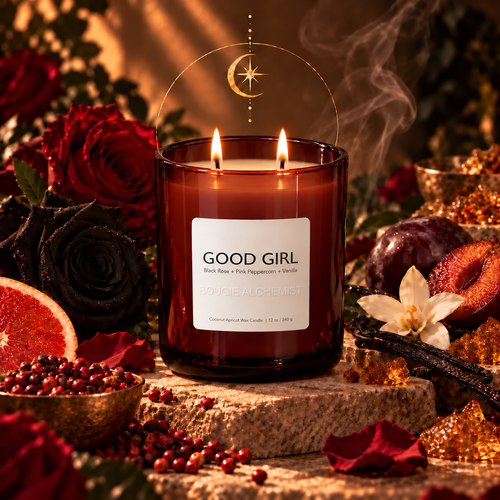 A lit amber glass candle jar labeled GOOD GIRL and BOUGIE ALCHEMIST, surrounded by red and black roses, citrus slices, berries, and warm decorative props in a styled setting.