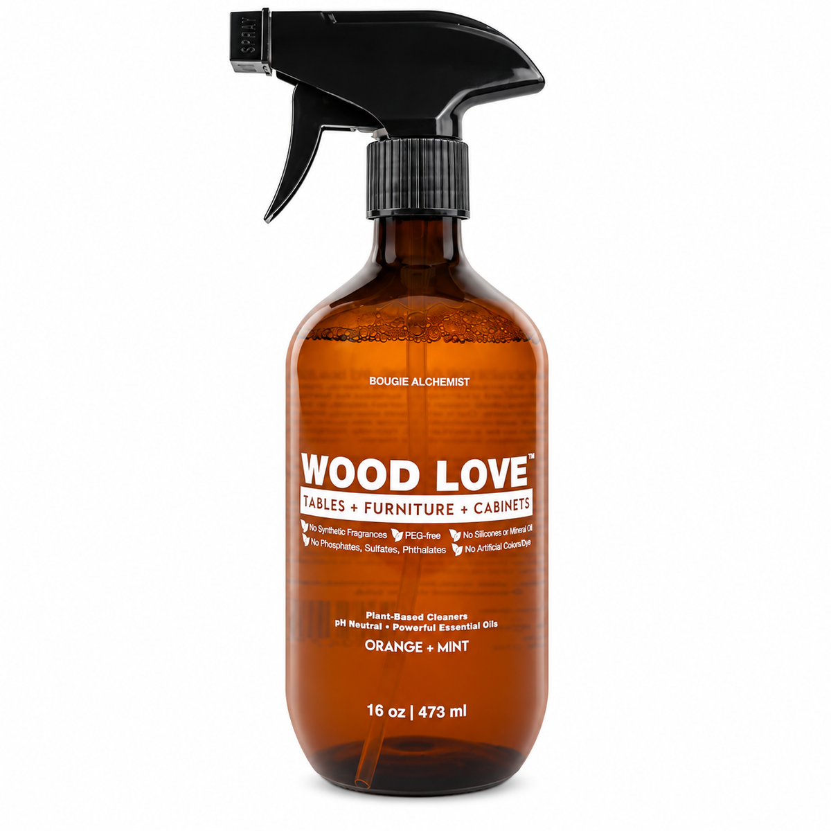 A 16 oz amber glass spray bottle of Bougie Alchemist Wood Love Tables, Furniture, and Cabinets cleaner, featuring a black trigger sprayer and white text on the front, set against a plain white background.