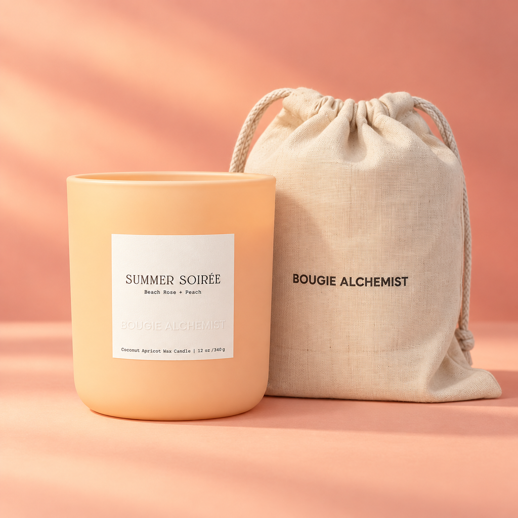 A peach-colored scented candle in a matte glass jar with a white label reading 'SUMMER SOIRÉE', standing next to a beige linen drawstring pouch printed with 'BOUGIE ALCHEMIST'. The products are set against a warm peach-pink background with soft shadows.