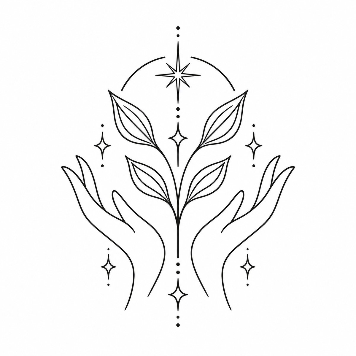 Black and white minimalist line art illustration featuring two hands cradling a sprig of leaves with stars and dots around it, presented on a solid white background.