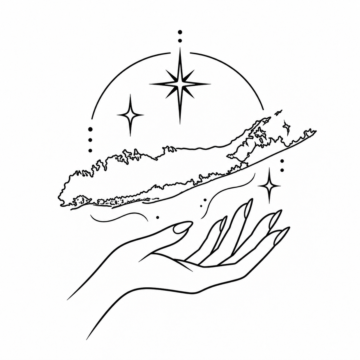 Black and white line art illustration featuring a hand with manicured nails holding a map outline, with stars and curved decorative lines above, on a plain white background.