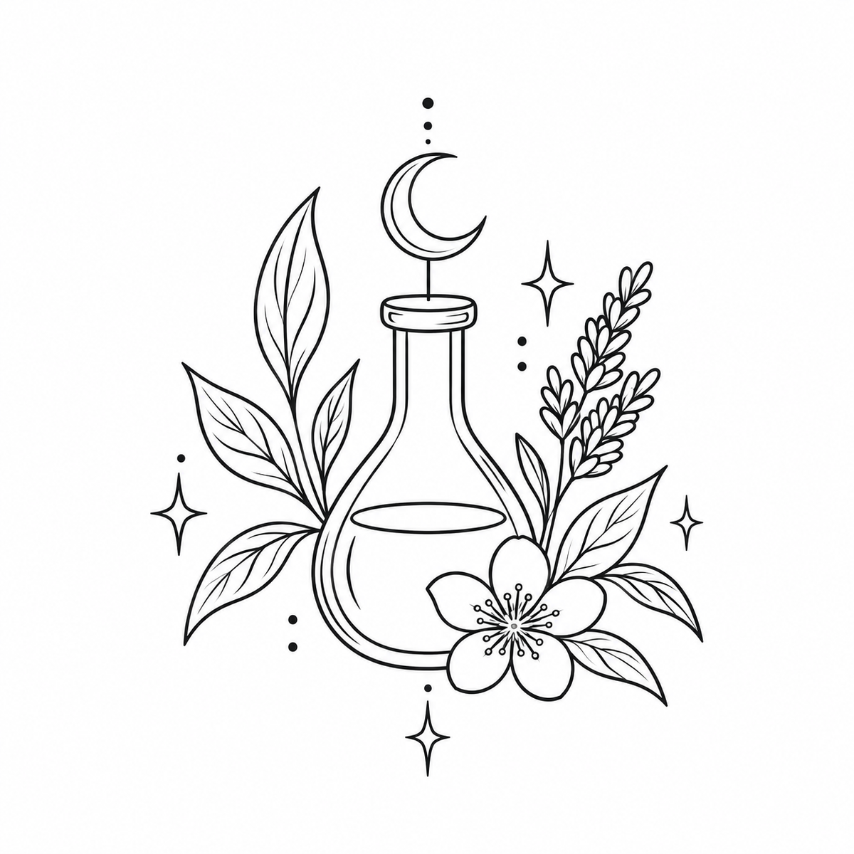 Black and white line art illustration featuring a glass potion bottle with a crescent moon on its stopper, surrounded by leaves, a flower, and small stars on a plain white background.