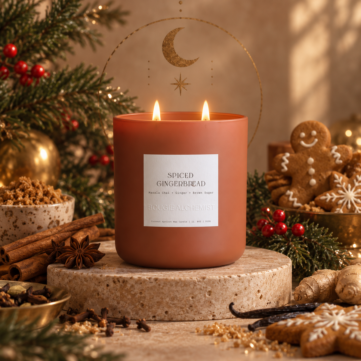 A terracotta-colored double-wick Bougie Alchemist candle labeled 'Spiced Gingerbread' sits on a stone pedestal in a cozy holiday setting with cinnamon sticks, ginger, star anise, and gingerbread cookies.