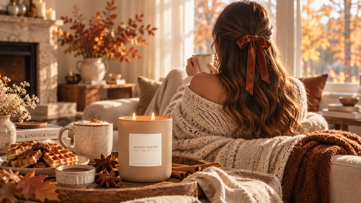 A cozy living room scene with a woman seated on a couch by a window, wrapped in a cream knit sweater and holding a mug. In the foreground, a lit candle on a wooden tray reads Sunday Brunch with waffles, mugs, and fall decor nearby.