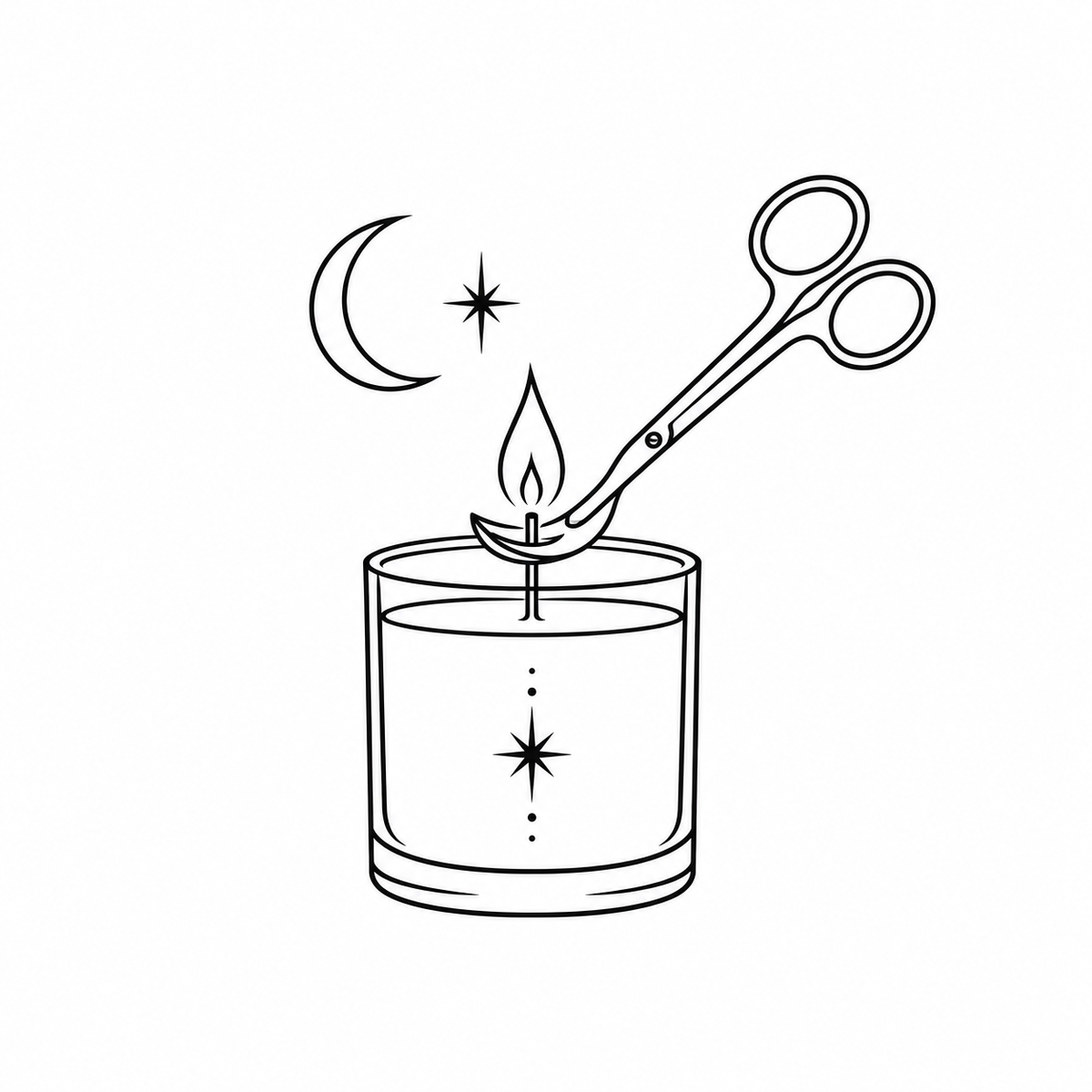 Black and white line art illustration of a candle in a glass container with a flame, a pair of tongs trimming the wick, and a crescent moon with stars above.
