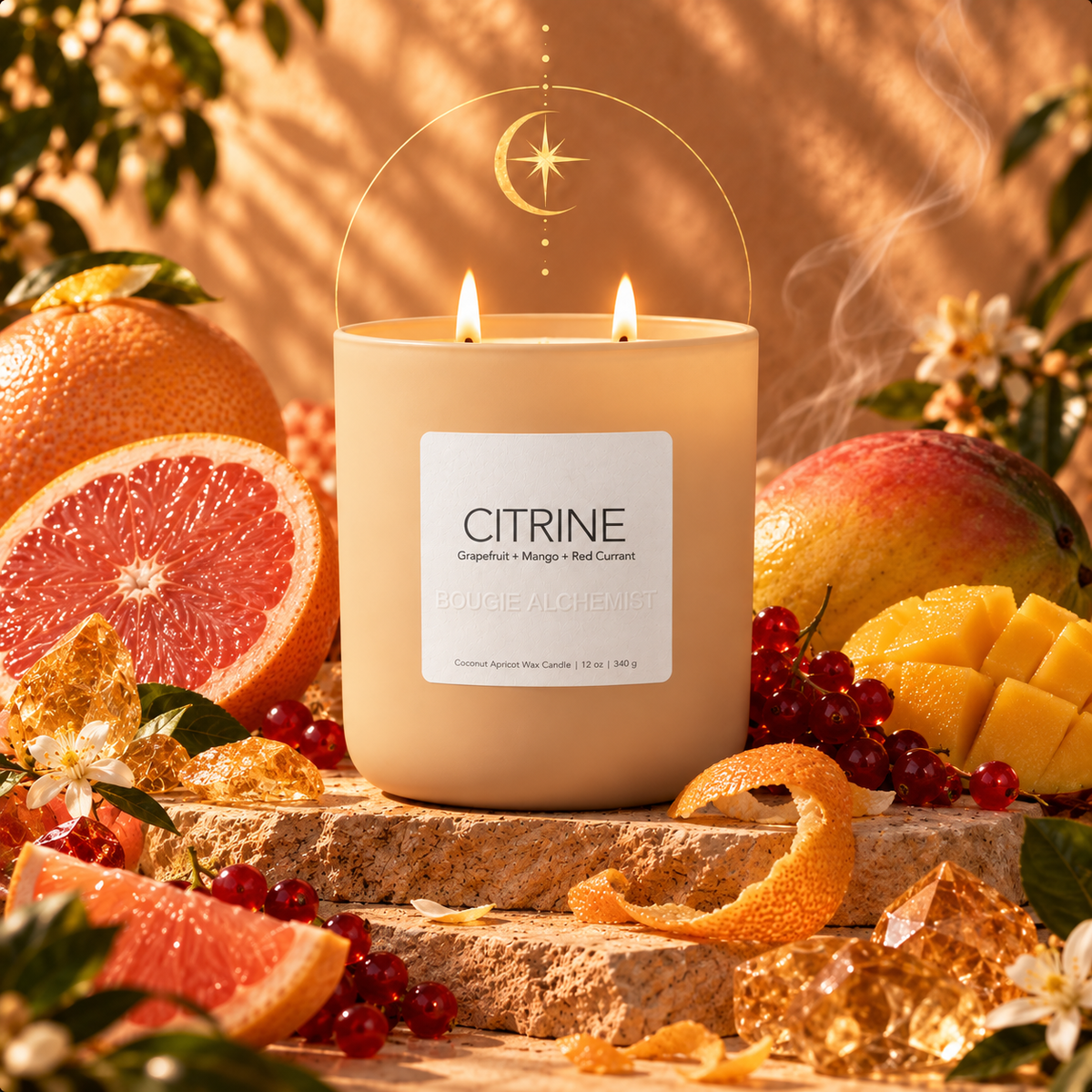 A lit double-wick Bougie Alchemist candle in a frosted glass jar labeled 'CITRINE' with citrus and fruit props around it, including grapefruit, mango, orange peels, red berries, and flowers, set against a warm sunlit background.