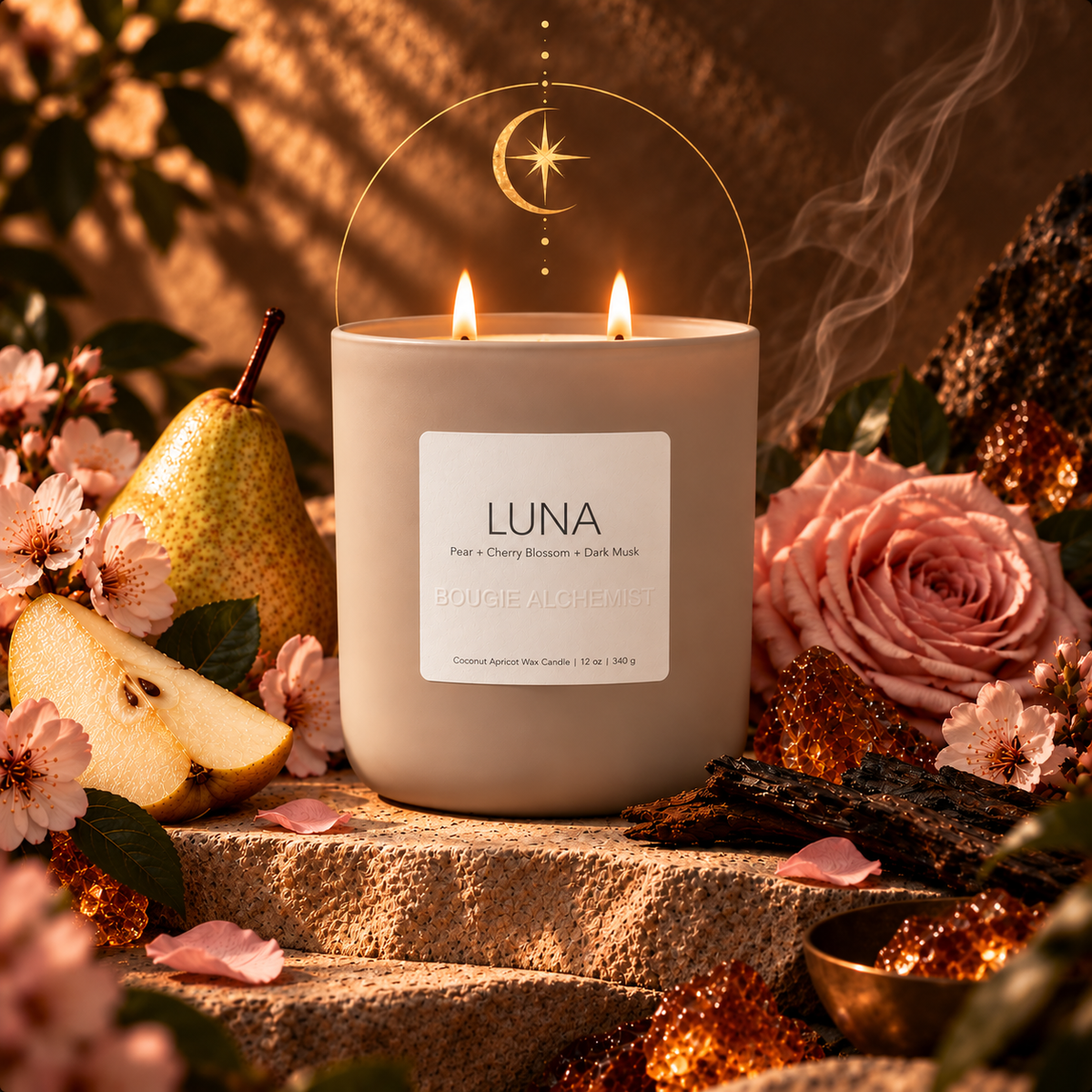 A lit double-wick candle in a matte beige jar sits on stone steps surrounded by pink flowers, a pear, rose petals, and warm decorative elements. The front label reads 'LUNA' with smaller text 'Pine + Cherry Blossom + Dark Musk' and 'BOUGIE ALCHEMIST.