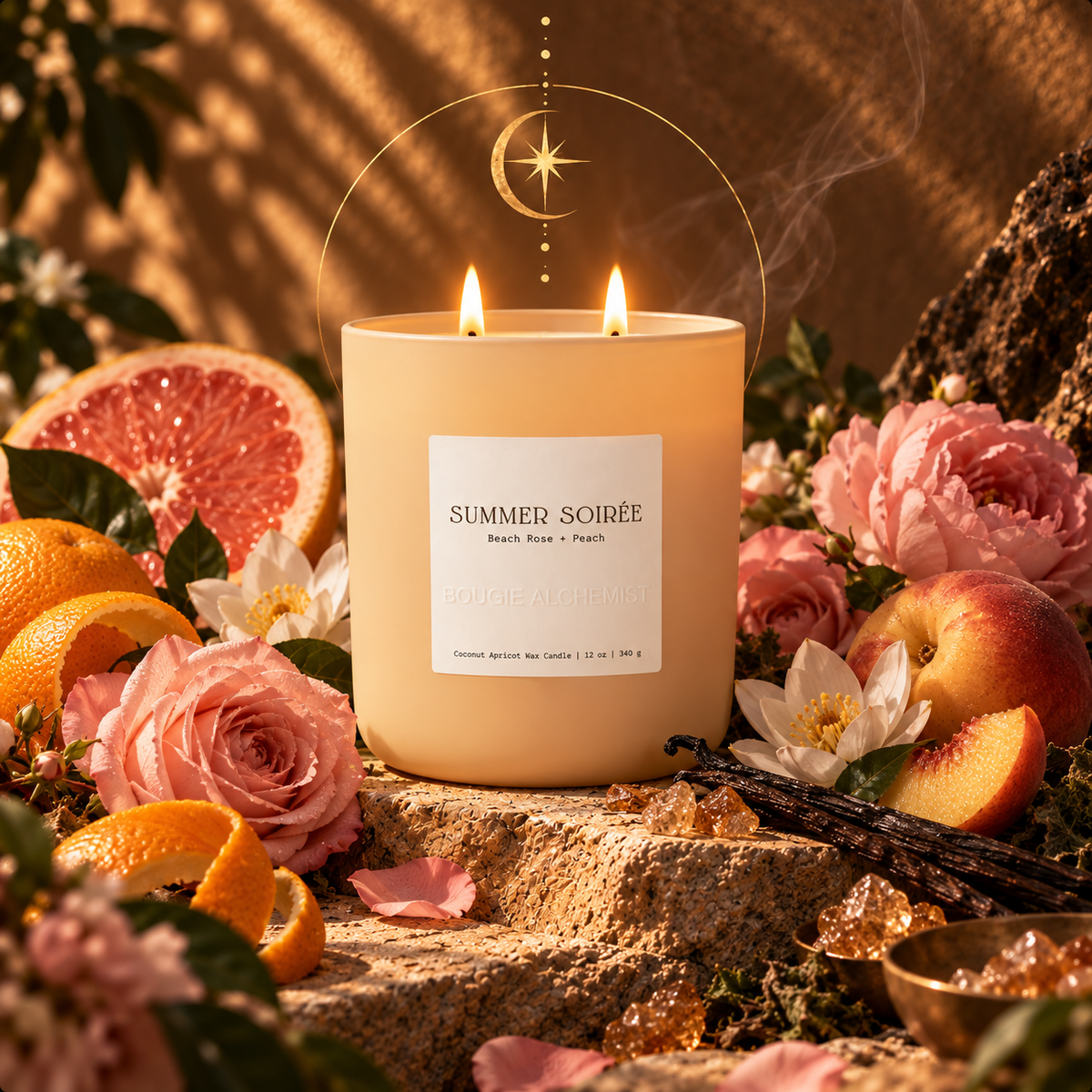 A lit candle in a cream-colored glass jar sits on a stone surface surrounded by pink roses, grapefruit slices, peaches, white flowers, and vanilla beans. The label reads “SUMMER SOIRÉE” by Bougie Alchemist.