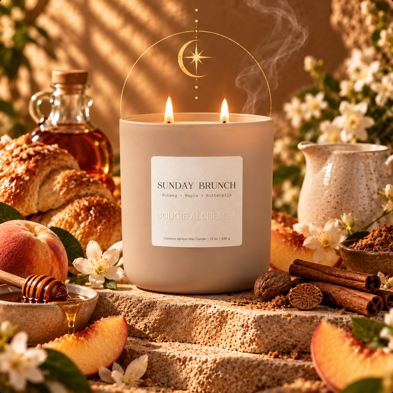A lit scented candle in a matte warm beige jar sits on a stone surface surrounded by brunch-themed props including croissants, peaches, cinnamon sticks, honey, and white flowers. The candle label reads “SUNDAY BRUNCH” with “Bougie Alchemist” below, and a gold crescent-and-star arch graphic appears above the jar.