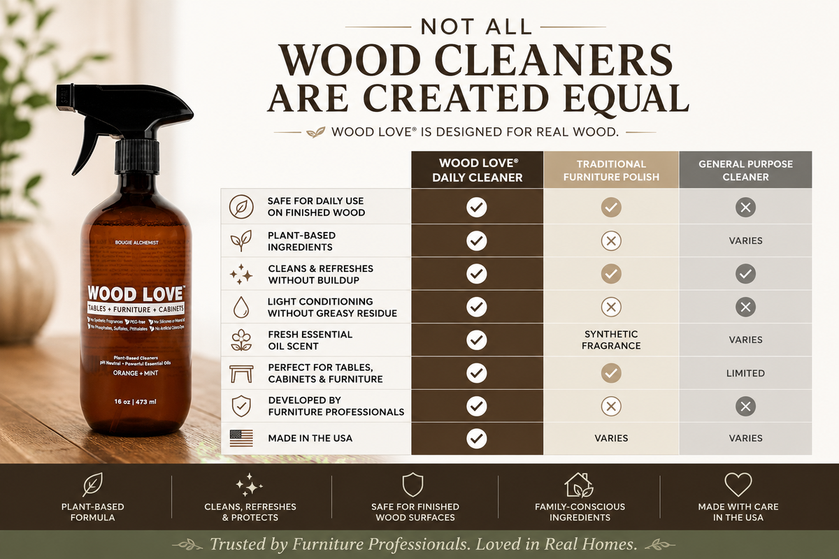 Wood cleaner product with features and comparison chart on a wooden surface