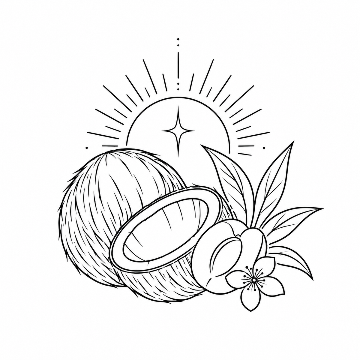 Black and white line art illustration of a coconut, flower, leaves, and a sunburst on a plain white background.