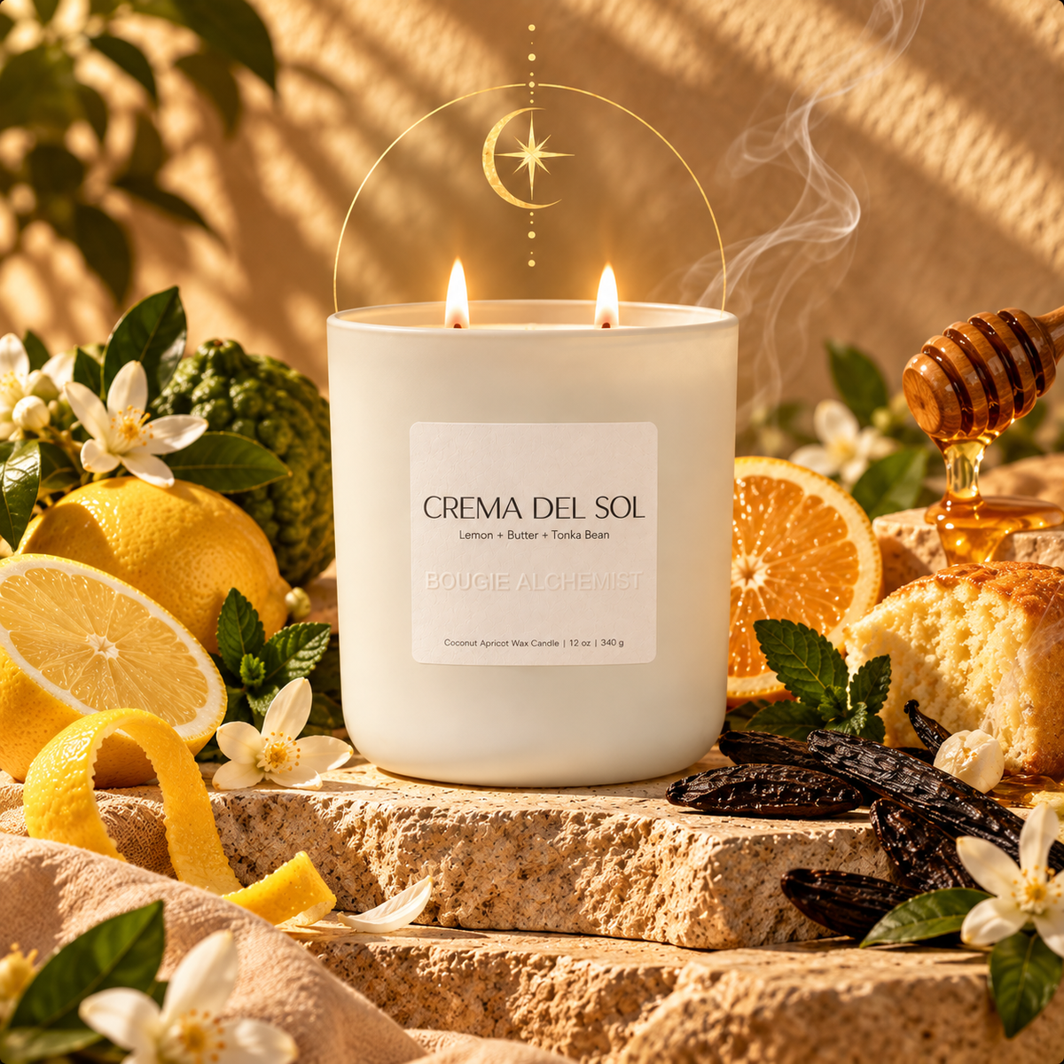 A lit white scented Bougie Alchemist candle labeled 'CREMA DEL SOL' sits on a stone surface surrounded by lemons, honey, bread, vanilla beans, mint, and white flowers in a warm styled setting.