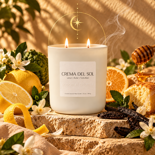 A lit white scented Bougie Alchemist candle labeled 'CREMA DEL SOL' sits on a stone surface surrounded by lemons, honey, bread, vanilla beans, mint, and white flowers in a warm styled setting.