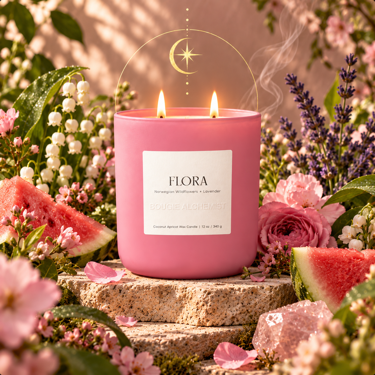 A pink scented Bougie Alchemist candle labeled FLORA sits on stone steps surrounded by flowers, watermelon slices, and pink petals. The candle has two lit wicks and a thin gold hanging loop above it, with a warm floral setting and visible steam or smoke around the top.
