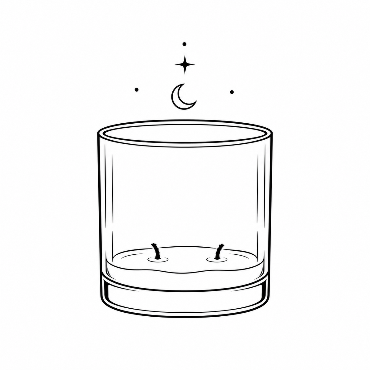 Black and white line art illustration of a two-wick candle in a clear glass tumbler, with a crescent moon and stars above, on a solid white background.