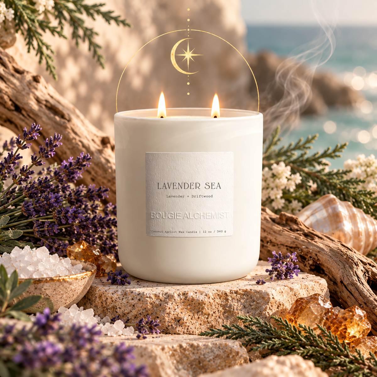 A lit white candle labeled 'LAVENDER SEA' by Bougie Alchemist, styled on rocks with lavender sprigs, sea salt, crystals, driftwood, and a blurred ocean background.