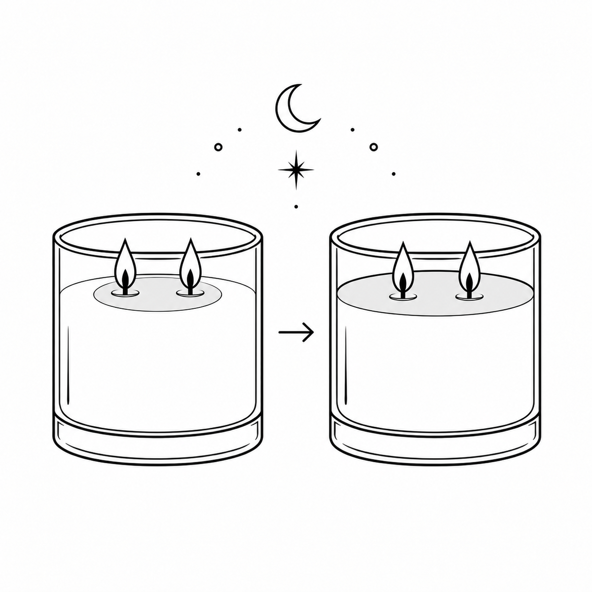 Minimalist line art illustration of two candles in glass holders with flames, a moon and stars above, and an arrow between them, on a white background.