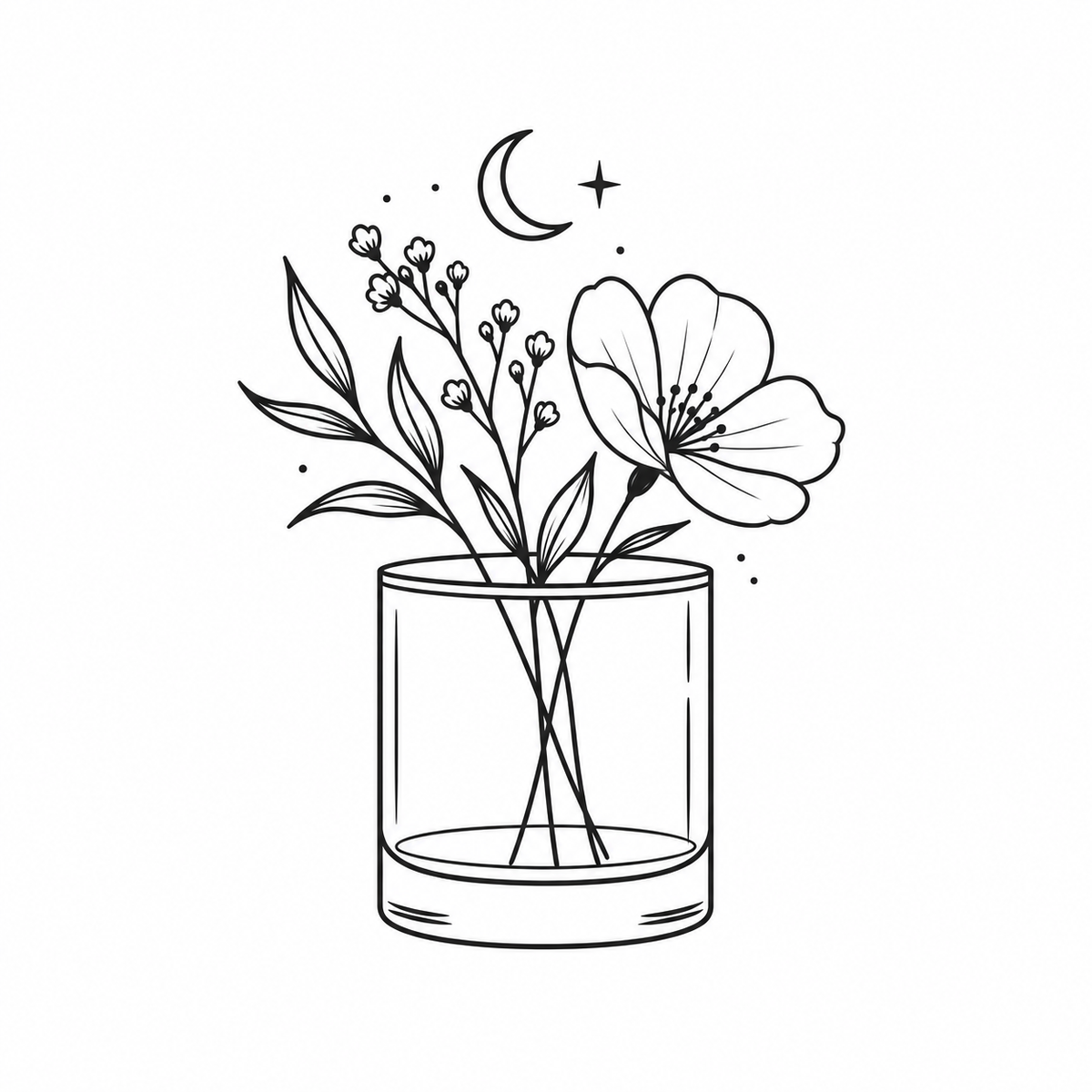 Black and white line art illustration of a flower arrangement in a clear glass vase, with a crescent moon and star above on a plain white background.