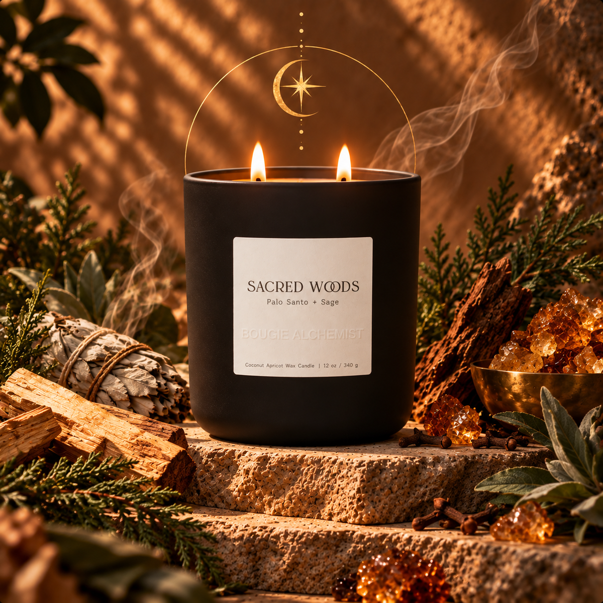 A black double-wick Bougie Alchemist candle labeled 'Sacred Woods' sits on stone steps surrounded by wood, evergreen branches, crystals, and a smudge bundle in a warm, atmospheric setting.