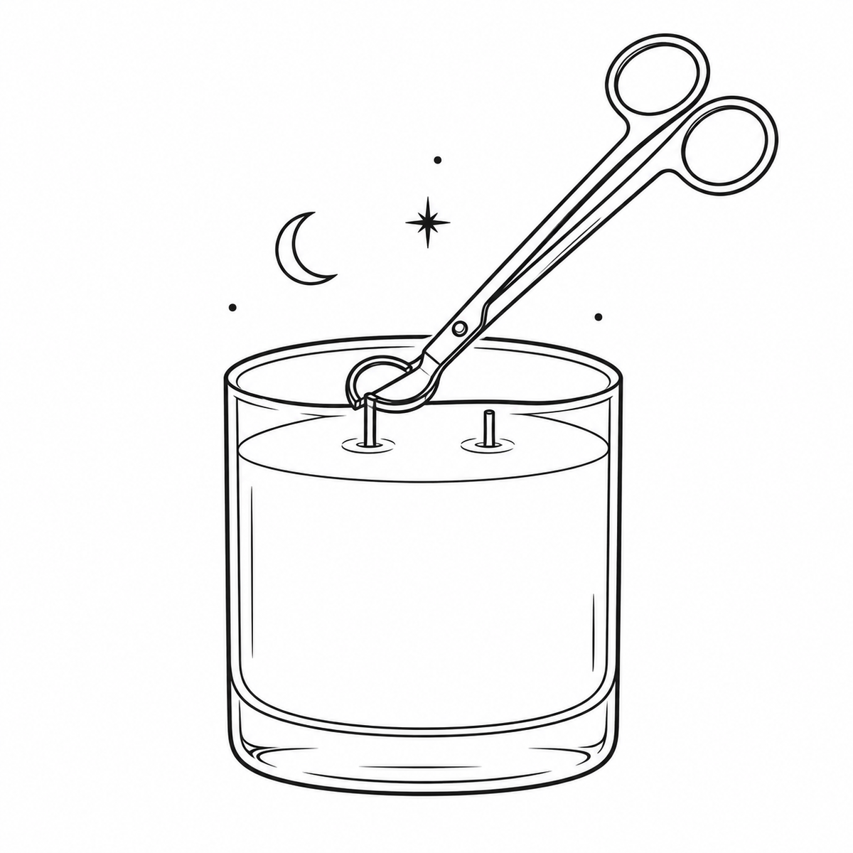 Black and white line art illustration of a candle with a pair of tongs trimming one wick, with a crescent moon and stars in the background.